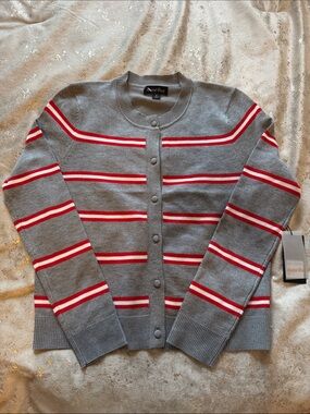 Anne Klein Gray Cardigan with Red and White Stripe Detail